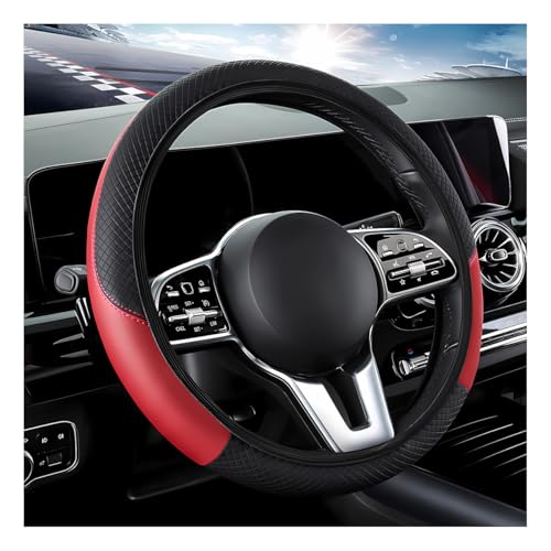 DXNQ Car Steering Wheel Cover, 15 Inch Carbon Fiber Leather Stitching Color Steering Wheel Protector, Anti-Slip Elastic Breathable Steering Wheel Cover Stylish Decor for Most Cars (Black&Red, AD) - color: Black&Red, AD