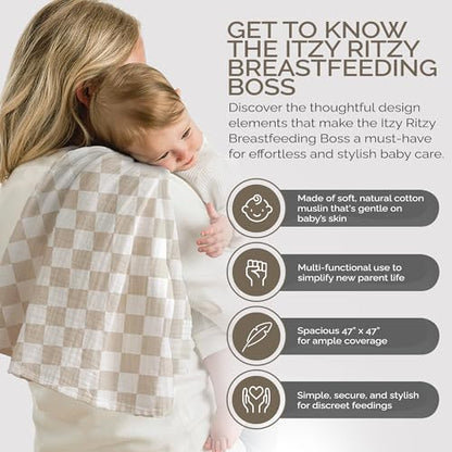 Itzy Ritzy Breastfeeding Boss Multi-Use Cover – A Nursing Cover, Swaddle, Car Seat Wrap, Tummy Time Mat & Burp Cloth All in One – Made of Soft Muslin Fabric & Measures 47” x 47” (Checkerboard) - color: Checkerboard