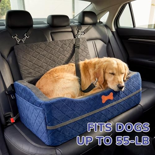 Dog Car Seat for Medium Large Dogs, 4" Elevated Dog Booster Seat with ISOFIX Safety Fixation, Washable Cover & High Density Memory Foam, Portable for Car Front/Rear/Trunk Home Outdoor Use (Navy Blue) - color: Navy Blue, size: Large
