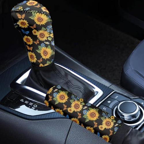 Sunflower Car Handbrake Cover Gear Shift Knob Cover Set Anti Skid Auto Accessories Decor Universal Fit Most Cars Sedan SUV,Truck - color: Sunflower