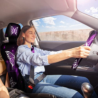 15 Pcs Butterfly Car Seat Covers Full Set Butterfly Front Rear Seat Covers Steering Wheel Cover Wrist Strap Coasters Armrest Shoulder Pads (Purple Glitter Butterfly Style)