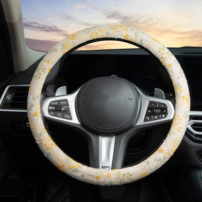 Beige Spherical Flowers Steering Wheel Cover Auto Embroidery Steering Wheel Protector, Anti-Slip, Breathable, Absorbing Sweat, Universal Car Accessories 14.5–15 inch,Fit for Most Car, Trucks, SUV - style: Beige Spherical Flowers JQ
