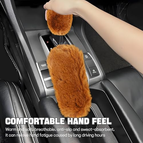 Hovom 2PCS Fluffy Car Gear Shift Knob Cover & Handbrake Cover, Soft Plush Hand Brake Handle & Gear Shift Cover for Women Girls, Universal Comfortable Warm Furry Car Accessories (Camel) - color: Camel