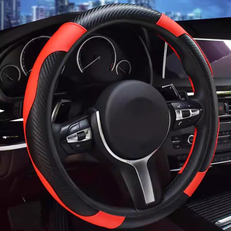 Ultra Fine Carbon Fiber Leather Steering Wheel Cover, Anti Slip and Sun Protective Protect The Steering Wheel, Easy to Install,Universal of 14.5"-15" (Red) - color: Red
