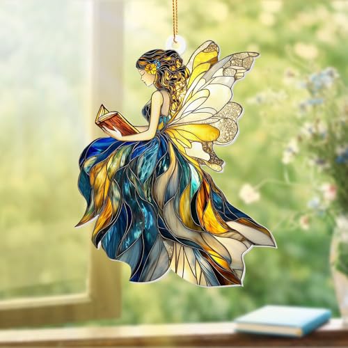 Fairy Stained Glass Style Acrylic Suncatcher, Fairy Ornament Window Hanging, Book Lover Gift for Women, Fantasy Fairy Decor, Book Lover, Librarian Gifts, Christmas Tree Ornament 4.5 Inch(Sun-01) - color: Sun-01