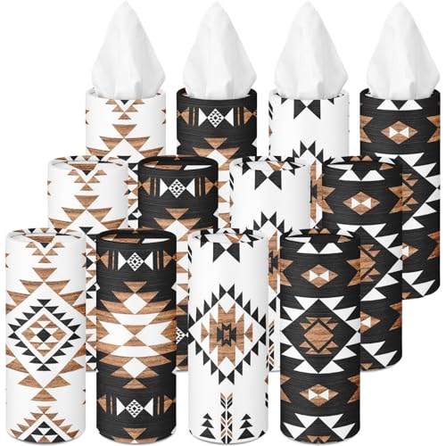 Arttown Car Tissue Holder for Cup Holder,Facial Tissues Bulk 3-Ply,Refillable Western Aztec Vintage Cylinder Tissue Boxes,Fit Car Home Office School,12 Pack (600 Sheets Total,50 Sheets Each)