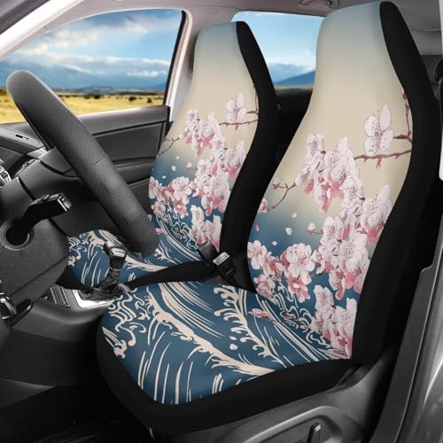 Cherry Blossom Sea Wave Print Car Seat Covers, 2 Pieces Washable Vehicles Front Seat Protectors, Scratch-Resistant Bucket Seat Cover Fits Most Vehicles, Sedans, Trucks, SUVs, Vans - color: Cherry Blossom Sea Wave