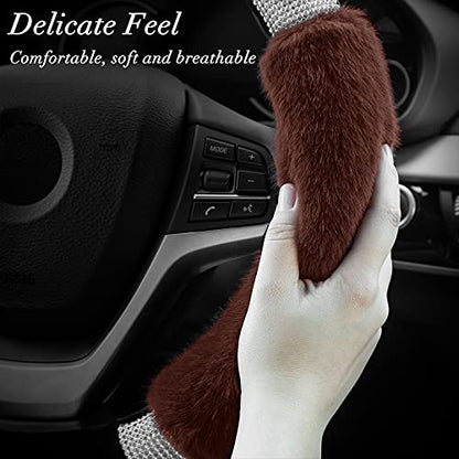 Achiou Rhinestone Fluffy Steering Wheel Cover - Comfortable Non-Slip Luxury Faux Wool, Universal Fit for 14.5" to 15" Steering Wheels - color: Black and Coffee
