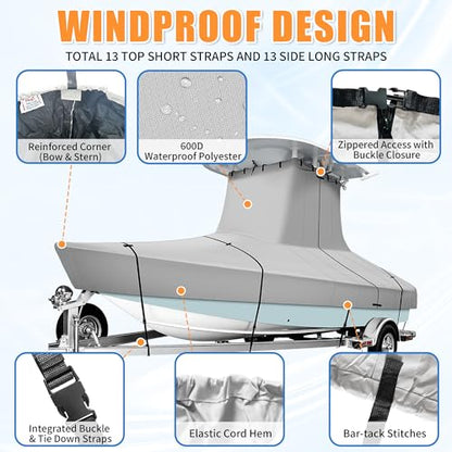 iCOVER T-Top Boat Cover, 600D Heavy Duty Marine Grade Waterproof Tear Resistant Boat Cover for Center Console Boat with T TOP Roof, Fits 22'-24' Long Beam Width up to 116", Grey - color: T-TOP, size: F: 22'-24' long, Beam Width up to 116" W