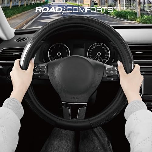 Road Comforts Leather Steering Wheel Cover – Black & Black, Universal Fit 14.5-15 Inch, Microfiber Leather, Anti-Slip & Breathable Design for Men and Women - color: Black