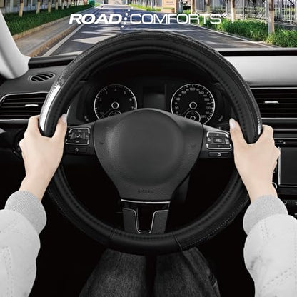 Road Comforts Leather Steering Wheel Cover – Black & Black, Universal Fit 14.5-15 Inch, Microfiber Leather, Anti-Slip & Breathable Design for Men and Women - color: Black