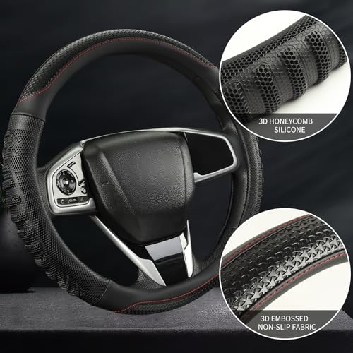 D Shaped Steering Wheel Cover Great Grip with 3D Honeycomb Hole, Anti-Slip Sporty Design, Universal 15 inch(All Black) - color: All Black, size: D Shaped-Middle[14.5''-15'']