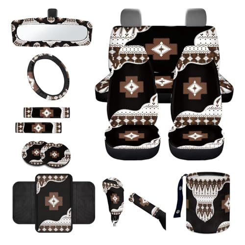 Wanyint Aztec Brown 14 Pack Car Accessories Set, Universal Auto Seat Protector Steering Wheel Cover Seatbelt Strap Pad Trash Can Armrest Cover Pad Cup Holders Rearview Mirror Cover Handbrake Cover Set - color: Southwest Aztec Black Brown