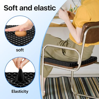 Gel Seat Cushion, Cooling Thick Big Breathable Honeycomb Design Absorbs Pressure Points Seat Cushion with Non-Slip Cover for Office Chair Home Cars Wheelchair - color: Black