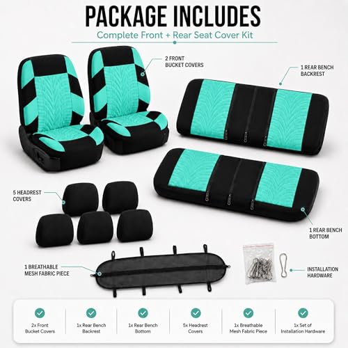 FH Group Full Set Premium Cloth Car Seat Covers - Universal Fit, Low Back Front Seat Covers, Airbag Compatible, Split Bench Rear Seat, Washable Seat Cover for SUV, Sedan, Mint