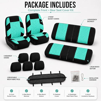 FH Group Full Set Premium Cloth Car Seat Covers - Universal Fit, Low Back Front Seat Covers, Airbag Compatible, Split Bench Rear Seat, Washable Seat Cover for SUV, Sedan, Mint