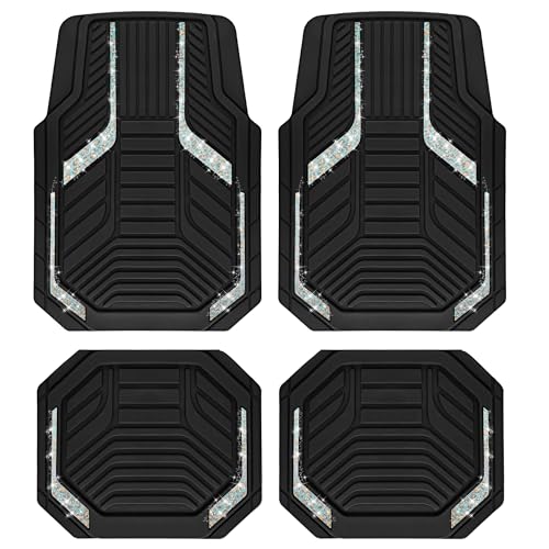 PIC AUTO Car Floor Mats, Leopard Sparkly Crystal Bling Glitter Car Mats Set, Front and Rear Heavy Duty Rubber Car Mats with Anti-Slip Backing, All Weather, Trim-to-Fit for Automotive SUVs, Sedan, Vans - color: Leopard