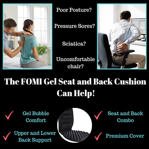 FOMI Premium Gel Cushion and Firm Back Support | Seat Cushion Pad and Upper Lower Thoracic and Lumbar Pillow for Car, Office Chair | Pressure Sore, Coccyx Pain Relief | Posture Aid (Bubble Gel)