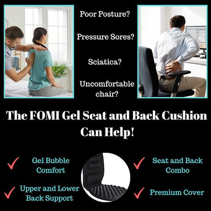 FOMI Premium Gel Cushion and Firm Back Support | Seat Cushion Pad and Upper Lower Thoracic and Lumbar Pillow for Car, Office Chair | Pressure Sore, Coccyx Pain Relief | Posture Aid (Bubble Gel)