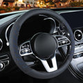 3D Premium Skin-Feel Leather Small Car Steering Wheel Cover, Anti-Slip Breathable Soft Slim Design, 13.5 inch to 14 inch, Black with Blue - color: Black with Blue, size: Round-Small[13.5''-14'']