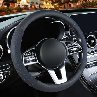 3D Premium Skin-Feel Leather Small Car Steering Wheel Cover, Anti-Slip Breathable Soft Slim Design, 13.5 inch to 14 inch, Black with Blue - color: Black with Blue, size: Round-Small[13.5''-14'']