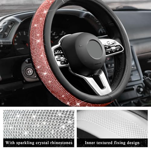 Diamond Leather Steering Wheel Cover, 15 Inch Bling Crystal Rhinestone Anti-Slip Wheel Protector, Universal Sparkling Elegant Diamond Steering Wheels Cover for Women Girl (Red) - color: Red