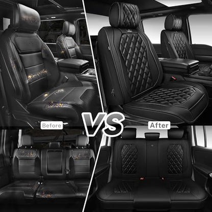 CAR PASS Luxury Nappa Leather Car Seat Covers Full Set, 3D Rhombus Waterproof Premium Leather Seat Covers, Universal Automotive Seat Cushion Fit for Sedan SUV Truck Van, Airbag Compatible Solid Black - color: Black