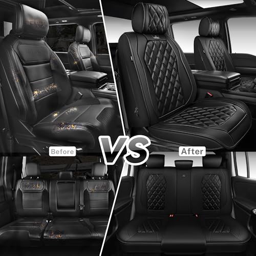 CAR PASS Luxury Nappa Leather Car Seat Covers Full Set, 3D Rhombus Waterproof Premium Leather Seat Covers, Universal Automotive Seat Cushion Fit for Sedan SUV Truck Van, Airbag Compatible Solid Black - color: Black