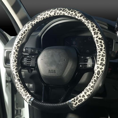 KAFEEK Leopard Print Steering Wheel Cover for Women, Classy Carbon Fiber and Soft Microfiber Leather, 15 Inch Universal Car Wheel Protector, Aesthetic Off-White Cheetah Print, Anti-Slip & Breathable