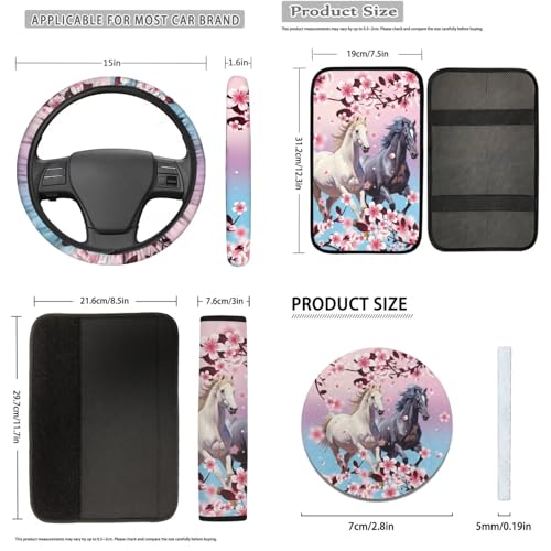 12 Pcs Pink Cherry Blossom Horse Car Seat Covers Full Set,Car Protectors,Universal Fit Front Back Seat Cushion/Seatbelt/Steering Wheel Cover/Anti Slip Coaster/Keychains for Cars SUV Truck