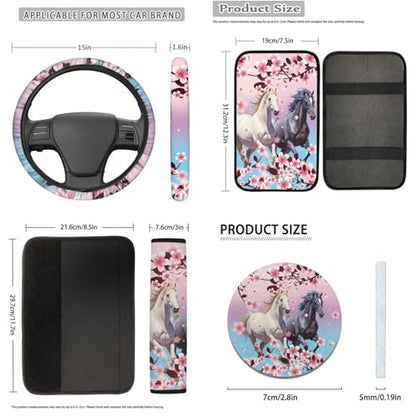 12 Pcs Pink Cherry Blossom Horse Car Seat Covers Full Set,Car Protectors,Universal Fit Front Back Seat Cushion/Seatbelt/Steering Wheel Cover/Anti Slip Coaster/Keychains for Cars SUV Truck