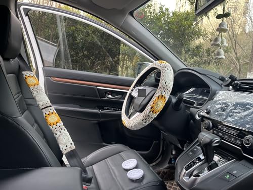 Handmade Crochet Sun Moon Car Steering Wheel Covers Universal 14-15 inch,Cute Steering Wheel Cover,Car Accessories (Wheel Cover+2belt Cover+2Coaster+Hanging) - color: wheel cover+2belt cover+2Coaster+hanging