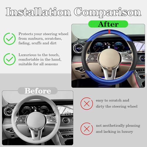 Black & Blue Carbon Fiber Leather Steering Wheel Cover, Microfiber Leather, Anti-Slip, Breathable, Universal Fit for 14.5–15 in Steering Wheel Cover for Men Women - color: Splicing Carbon Fiber - Black and Blue