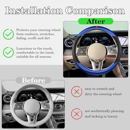 Black & Blue Carbon Fiber Leather Steering Wheel Cover, Microfiber Leather, Anti-Slip, Breathable, Universal Fit for 14.5–15 in Steering Wheel Cover for Men Women - color: Splicing Carbon Fiber - Black and Blue