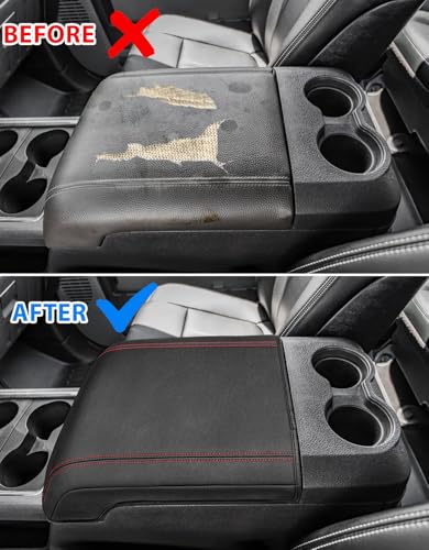 Center Console Armrest Cover for 2011-2016 Ford F250 F350 F450 Super Duty Accessories, Vinyl Leather Middle Armrest Cusion Protector, Anti-Scratch, Bucket Seat Only, Black Red Stitching - size: Bucket Seat, 11-16 F250-F450, red stitch