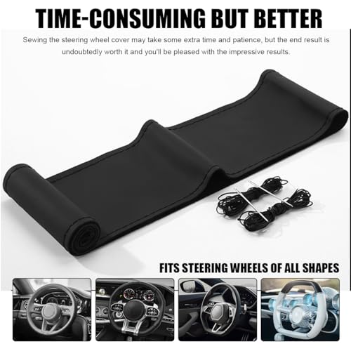 Genuine Leather Steering Wheel Cover, Stitch On Wrap for Steering Wheel up to Diameter 15 Inches, DIY Sewing Steering Wheel Protector, Car Accessories (Black, Glossy) - size: Glossy