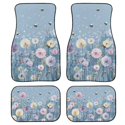 Dandelion 4 Pcs All Weather Floor Mats Rural Dandelion Field Front & Rear Row Foot Mat Interior Colorful Wild Flower Accessories Universal Fit for SUV Sedan Van Blue - color: Rural Dandelion Field
