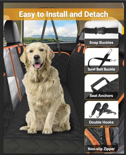 Dog Car Seat Cover, 600D Heavy Durable Dog Seat Cover for Back Seat, 100% Waterproof Scratch Proof Nonslip Dog Hammock for Car with Side Flap, Pet Seat Covers with SeatBelt for Cars Sedan SUV Trucks