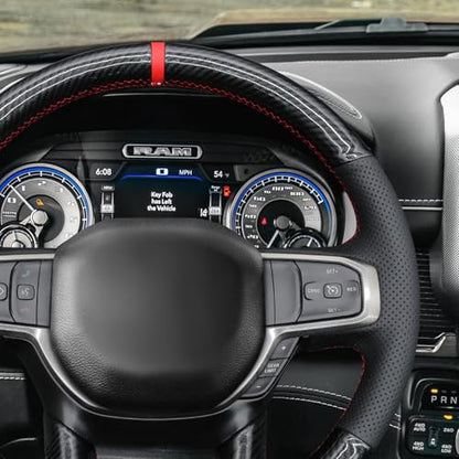MEWANT Hand Stitch Black Real Leather Shiny PU Carbon Fiber Steering Wheel Wrap for Dodge Ram 1500 Laramie Big Horn 2021 - color: Black Genuine Leather&Shiny PU Carbon Fiber