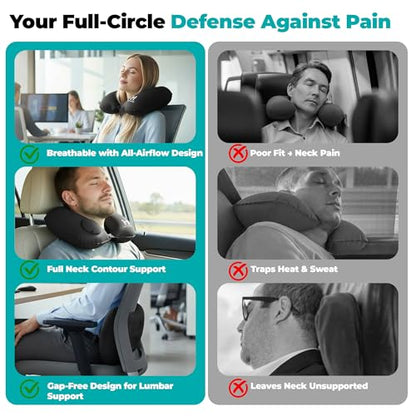 Travel Pillow and Lumbar Support Pillow Set 4 in 1 - Neck Pillow, lumbar Pillow, Eye Mask & Earplugs - Press-to-Inflate Design, 360° Breathable Support for Airplane, Car Travel, Office Nap (Black)