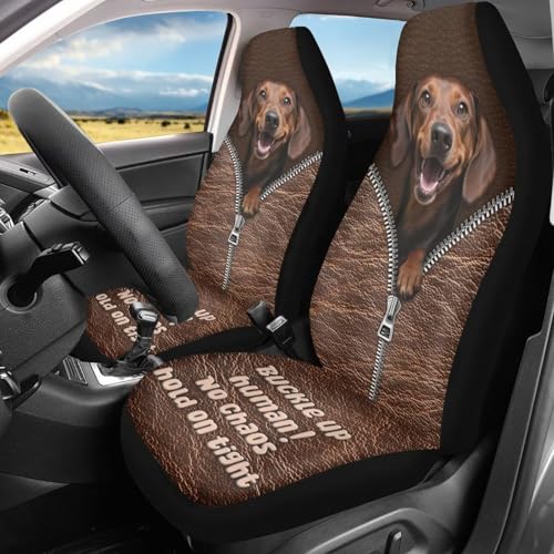 2 Pieces Car Front Seat Covers Dachshund Dog Print Auto Seat Protector for Cars Front Seats High Back Seats Cover for SUV, Universal Fits - color: Brown - Dachshund Dog