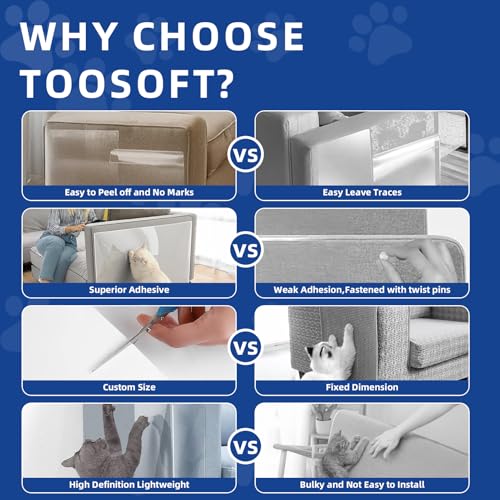 TOOSOFt Anti Cat Scratch Furniture Protector Clear Thicken Vinyl 160"x12.4" Couch Protector from Cat Claws - Single Sided Sticky Flexible Dog Tape for Furniture, for Couch Corner Door Walls Bed