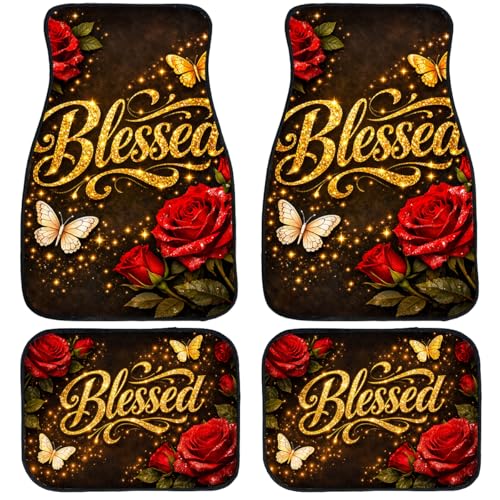 Blessed Car Floor Mats Set of 4 Golden Butterfly Rose Carpet Front Rear Carpets Mat Decorative Car Floor Carpets Non-Slip Auto Car Accessories Universal Fit for Car SUV Truck Van - color: Blessed