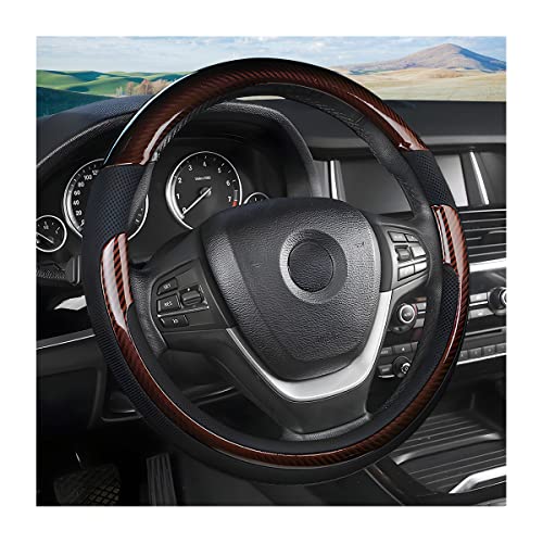Universal Steering Wheel Cover - Microfiber Leather, 15 Inch, Anti-Slip, Breathable, Odorless Car Steering Wheel Protector, SUV Accessories (Bright Black/Coffee) - color: Bright Black/Coffee