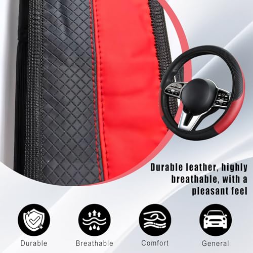 Leather Car Steering Wheel Cover, 15 Inch Anti-Slip Carbon Fiber Black Steering Wheel Cover, Universal Car Interior Accessories for Trucks Sedans SUVs (AD-Black & Red) - color: AD-Black & Red