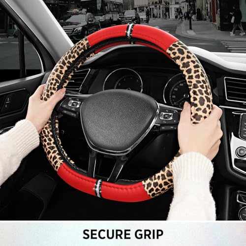 Road Comforts Leopard Steering Wheel Cover for Women, Cute Anti-Slip Microfiber Leather, Fits D Shape Flat Bottom Steering Wheel 14.5-15 Inch - Red - color: D Shape-Red