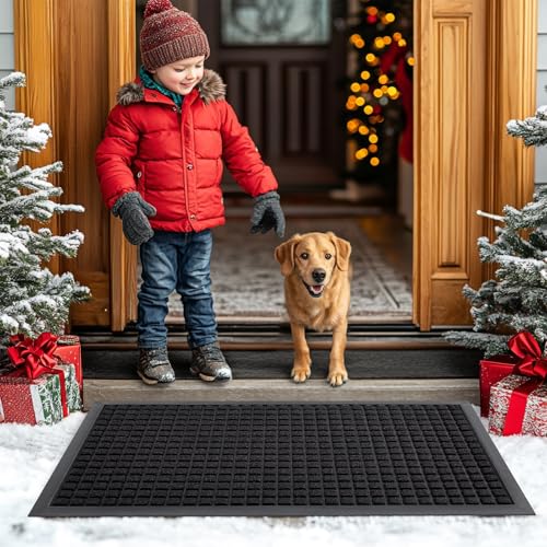 Smiry Front Door Mat Outside Entrance, Heavy Duty Natural Rubber Doormat, Non Slip, Trap Dirt and Moisture, Easy Clean, Low Profile Welcome Floor Mats for Indoor Outdoor Entry, 47x32 Inch, Black