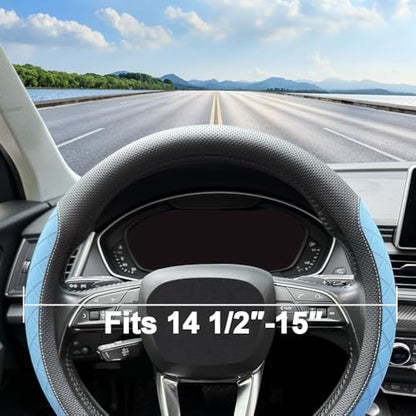 Nappa Leather Steering Wheel Cover,Elegant Diamond Checkered Design, Non-Slip wear-Resistant, Enhance Driving Comfort, Suitable for Steering Wheel Diameter 14 1/2‘-15’ Models.Black Blue - color: Black Blue
