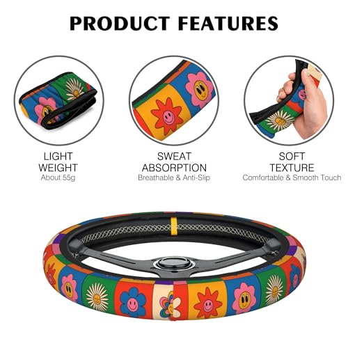 Abstract Groovy Flowers Steering Wheel Covers Universal 15 Inch Car Wheel Cover,Anti-Slip Breathable Car Accessories Protector Fit for Trucks,Sedans,SUVs,Vans - color: Abstract Groovy Flowers