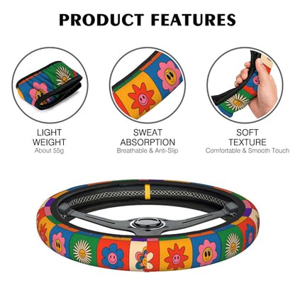 Abstract Groovy Flowers Steering Wheel Covers Universal 15 Inch Car Wheel Cover,Anti-Slip Breathable Car Accessories Protector Fit for Trucks,Sedans,SUVs,Vans - color: Abstract Groovy Flowers